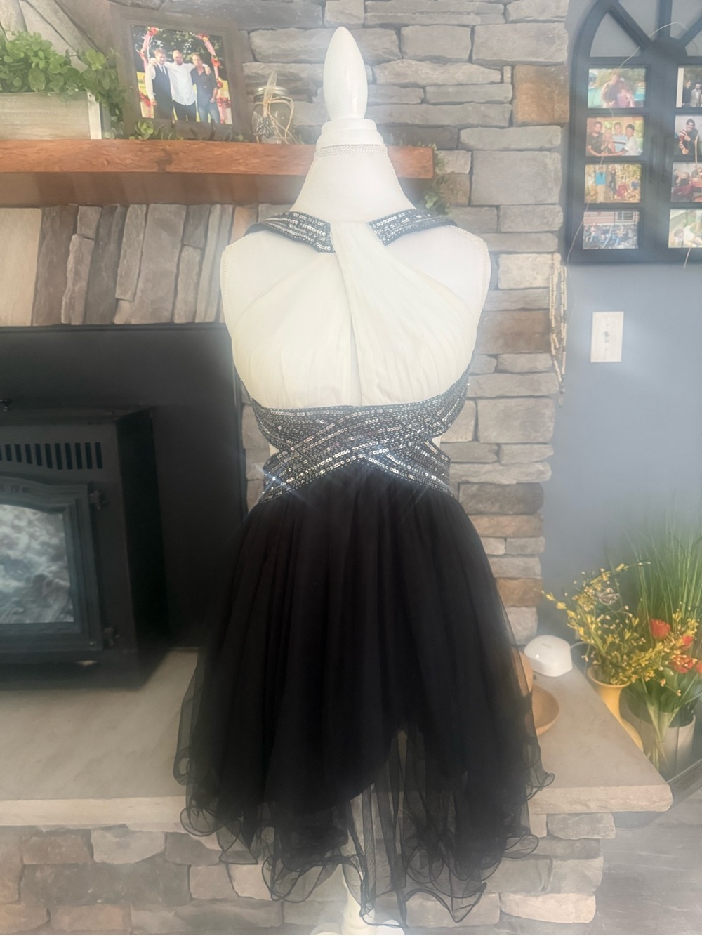 Girls Black & White Tulle Party Dress with Beaded Waist